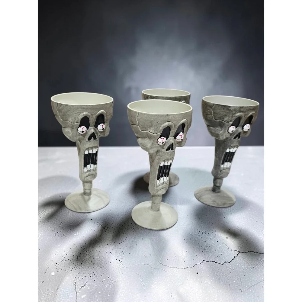 Vtg Skull Goblets Set of 4 Halloween Skeleton Wine Glasses Spooky Decor Plastic